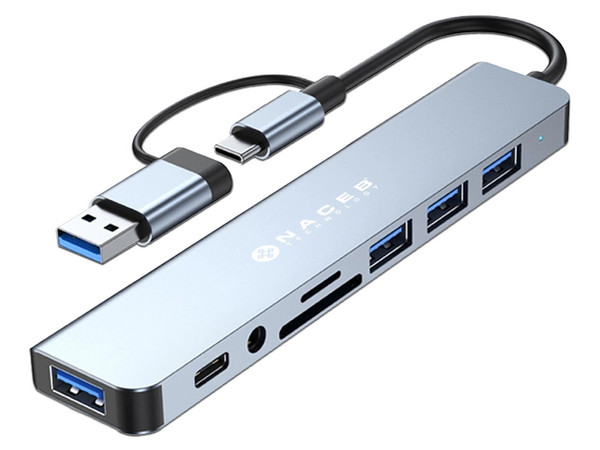DockStation Hub NACEB NA-0149 8 en 1, USB Tipo C con Adaptador USB Tipo A, USB 3.0, SD, MicroSD, USB Tipo C, Color Gris.