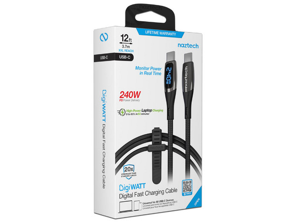 Cable USB Naztech DigiWatt 16105 USB Tipo C (M-M), 240W, Display LED, 3.65m. Color Negro.