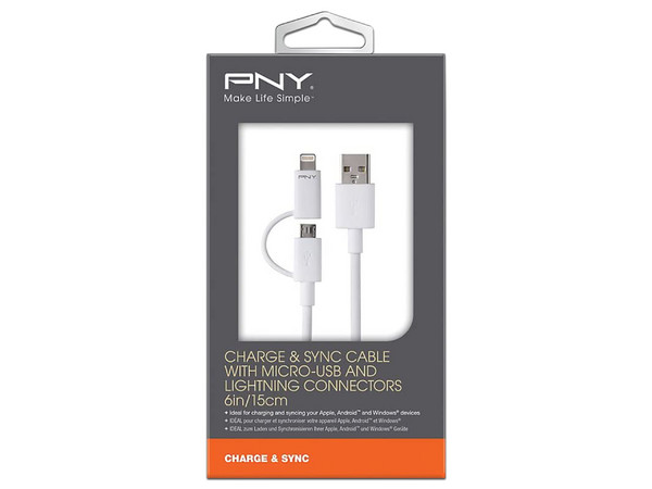 Cable 2 en 1 PNY de USB a Micro USB / Lightning (M-M), 15cm. Color Blanco.