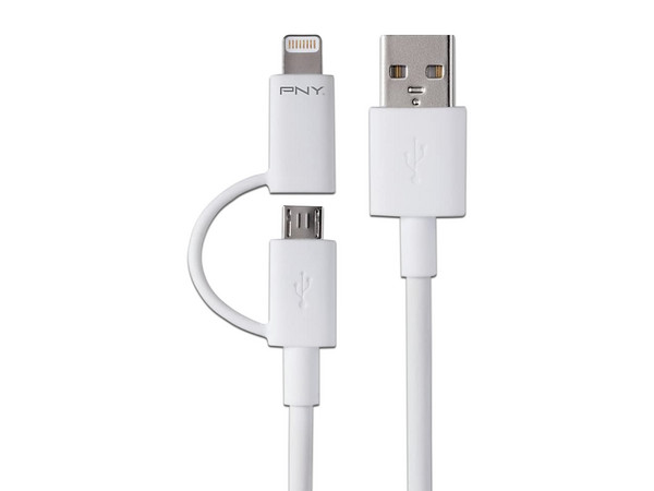 Cable 2 en 1 PNY de USB a Micro USB / Lightning (M-M), 15cm. Color Blanco.