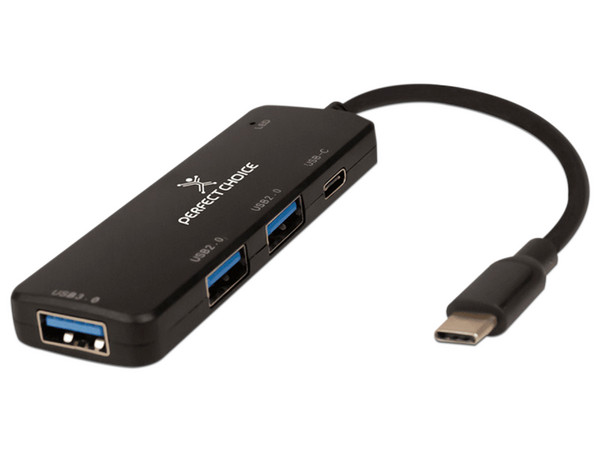 Hub USB-C Perfect Choice PC-171652 de 3 puertos USB-A y 1 puerto USB-C, Color Negro.
