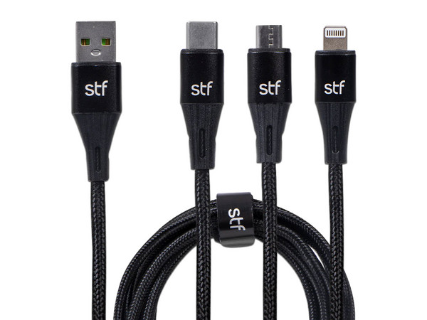 Cable USB 3 en 1 SFT Mobile ST-A36885 de 1.8m, Carga Rápida, USB, USB Tipo C y Lightning, Color Negro.