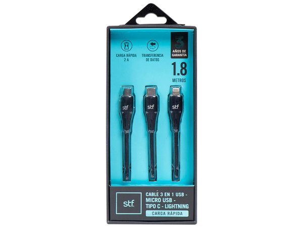 Cable USB 3 en 1 SFT Mobile ST-A36885 de 1.8m, Carga Rápida, USB, USB Tipo C y Lightning, Color Negro.