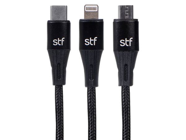 Cable USB 3 en 1 SFT Mobile ST-A36885 de 1.8m, Carga Rápida, USB, USB Tipo C y Lightning, Color Negro.