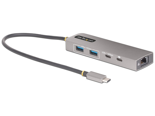 Hub USB StarTech 10G2A1C25EPD de USB-C a 2 puertos USB 3.2, 1 puerto USB-C 10Gbps, 1 puerto USB-C (PD 3.0) y 1 puerto RJ-45. Color Gris.