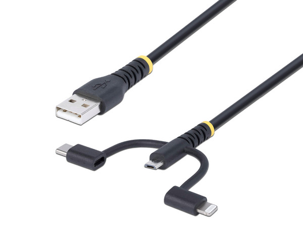 Cable Multicarga Resistente StarTech RLTCUB1MBK, Longitud 1 m y Conectores Lightning, Micro-USB y USB-C. Color Negro.