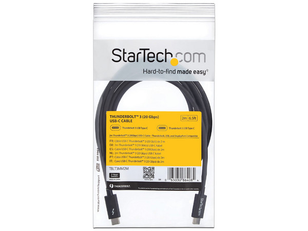 Cable de 2m. Thunderbolt 3 USB-C (40Gbps), compatible con Thunderbolt, DisplayPort y USB.