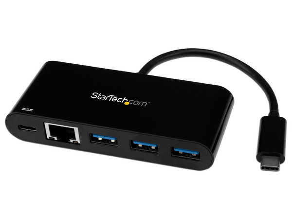 Hub USB 3.0 StarTech con Cable, Concentrador de 3 Puertos USB con Adaptador de Red Ethernet Gigabit, USB-C. Color Negro.