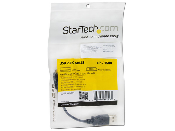 Cable StarTech de USB 2.0 tipo A (M) a Micro USB tipo B (M), 15cm.