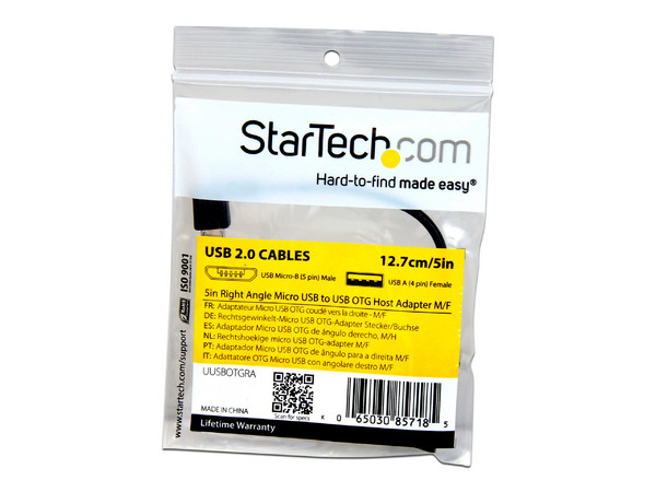 Cable Adaptador OTG StarTech de Micro USB (M) a USB A (H), Acodado en Ángulo Derecho, 12cm.
