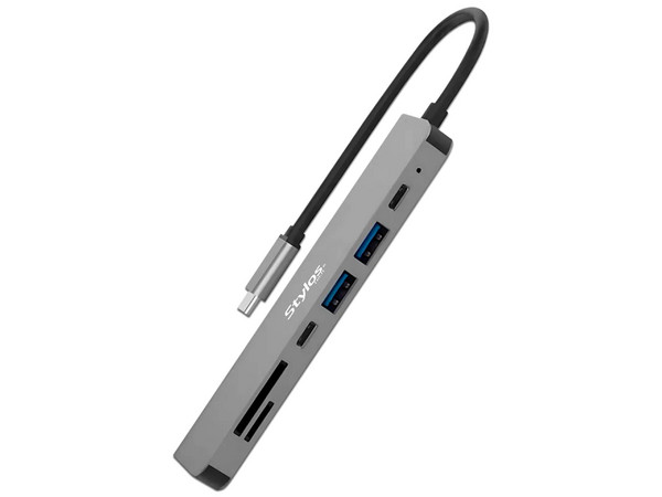 Hub USB Stylos STCBHUB71G 7 en 1, 1 Puerto HDMI, 2 Puertos USB, 1 Lector de tarjetas SD, 2 Puertos USB Tipo C, 1 Lector de tarjetas MicroSD, Color Gris.