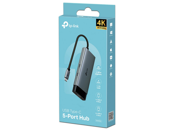 Concentrador USB-C 5 en 1 UH5020C, HDMI 4K 60Hz, Carga 100W, 1 USB-C Datos, 2 USB-A Datos.