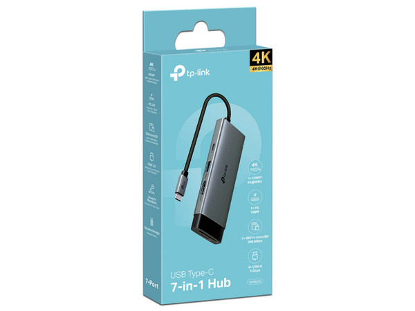 HUB USB 7 en 1 TP-Link UH7021C, USB Tipo C a HDMI, SD, MicroSD, USB Tipo A, USB Tipo C, Color Gris.