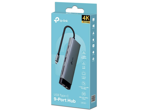Adaptador HUB 9 en 1 TP-Link, Modelo UH9120C, HDMI 4K, Ethernet, USB-C, USB-A, SD.