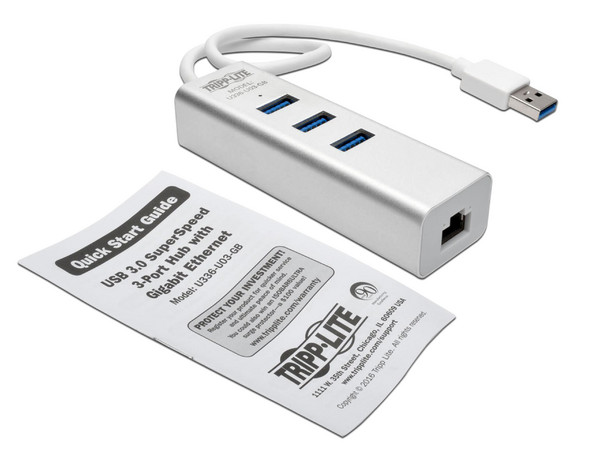 Adaptador Tripp Lite de USB 3.0 a Gigabit Ethernet, con Hub USB 3.0 de 3 Puertos, Color Blanco.
