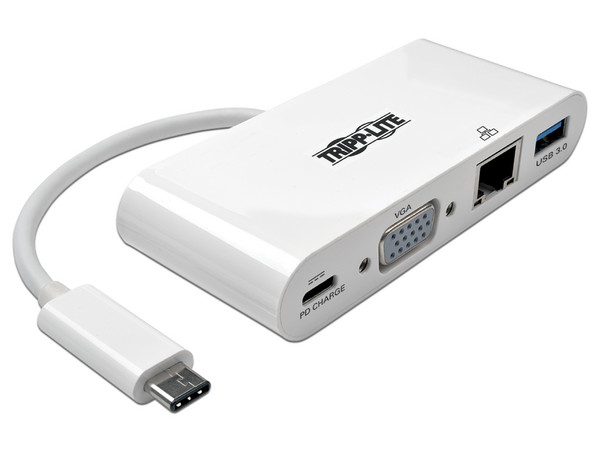Adaptador hub multi puertos Tripp Lite de USB Tipo C a VGA, USB 3.0, USB Tipo C, Gigabit Ethernet, Color Blanco.