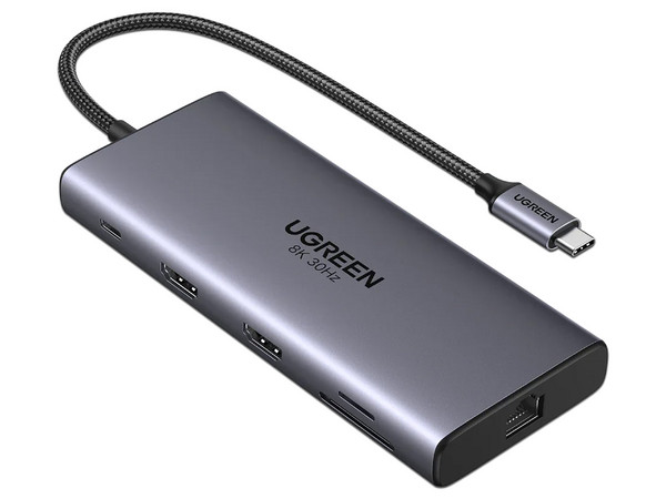 Docking Station UGREEN Revodok Pro 210 10 en 1, 3 Puertos USB-A, 2 Puertos USB Tipo C, 2 Puertos HDMI, Lector de Tarjeta TF, Lector de Tarjeta SD, 1 Puerto RJ-45. Color Gris.