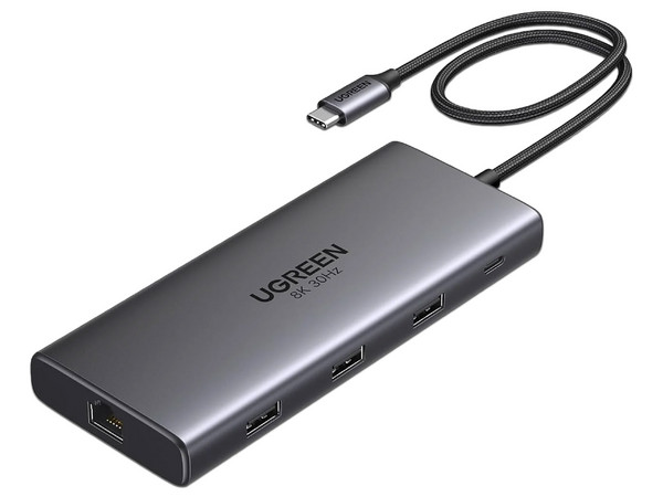 Docking Station UGREEN Revodok Pro 210 10 en 1, 3 Puertos USB-A, 2 Puertos USB Tipo C, 2 Puertos HDMI, Lector de Tarjeta TF, Lector de Tarjeta SD, 1 Puerto RJ-45. Color Gris.