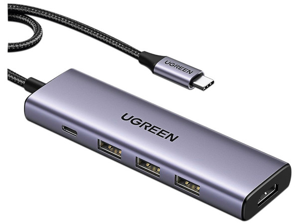 Hub UGREEN 15596 5 en 1, USB C (M) a HDMI, 3 Puertos USB Tipo A 3.0, 1 Puertos USB Tipo C PD, Color Gris.