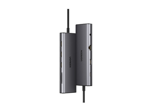 Hub USB UGREEN 15601 10 en 1, HDMI, VGA, USB Tipo C, USB Tipo A 3.0, Jack 3.5mm, RJ-45, 100W. Color Plata