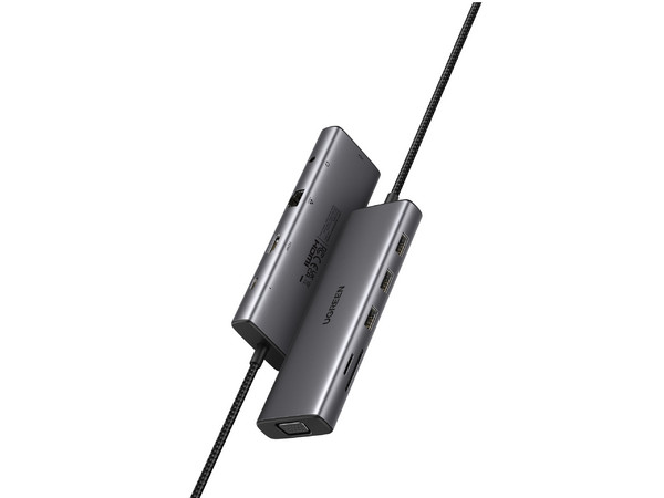 Hub USB UGREEN 15601 10 en 1, HDMI, VGA, USB Tipo C, USB Tipo A 3.0, Jack 3.5mm, RJ-45, 100W. Color Plata