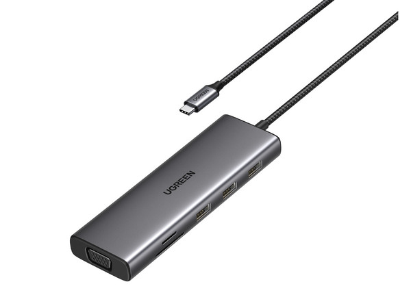 Hub USB UGREEN 15601 10 en 1, HDMI, VGA, USB Tipo C, USB Tipo A 3.0, Jack 3.5mm, RJ-45, 100W. Color Plata
