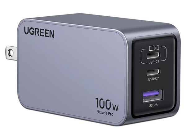 Cargador de 100W UGREEN Nexode Pro con 3 Puertos de Carga Rápida, 2 USB-C y 1 USB-A en Caja de Aluminio.