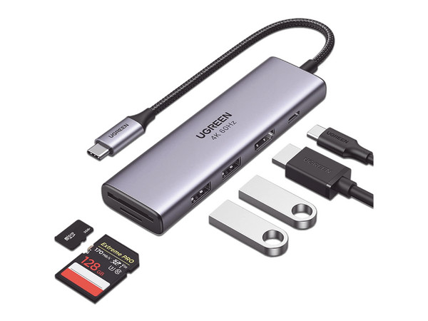 HUB USB Ugreen Multifuncional de USB-C a 2 x USB 3.0, 1 Lectro SD+TF, 1 x HDMI 4K y USB-C PD de 100W.