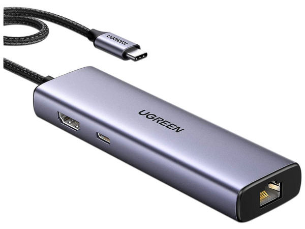 Hub UGREEN 15598 6 en 1, USB C (M) a HDMI, 3 Puertos USB Tipo A 3.0, RJ-45 (H), Color Gris.