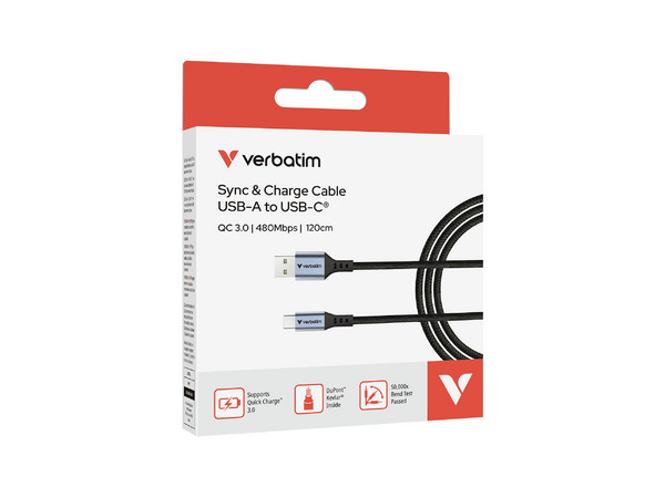 Cable de Datos Verbatim 31843 USB Tipo A a USB Tipo C (M-M), 18W, Longitud de 1.2m. Color Negro.