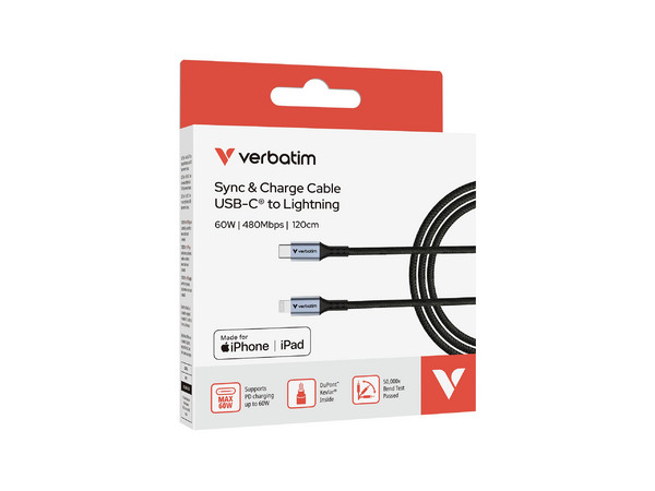 Cable de Datos Verbatim 31844 Lightning a USB Tipo C (M-M), 480 Mbit/s, 60W. Color Negro.