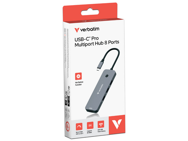 Hub USB Verbatim 32151 8 en 1, USB Tipo C, USB Tipo A, HDMI, Ranura MicroSD y SD, 8K 30Hz, 100W. Color Plata.