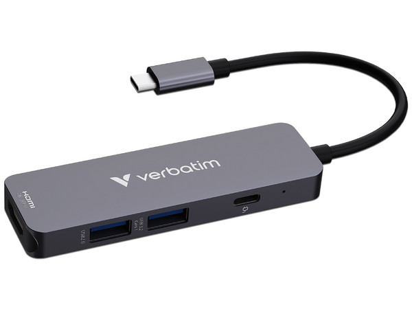 HUB Verbatim 4 Puertos, 1x USB-C, 1x HDMI 4K, 2x USB-A 3.2, 5000 Mbit/s, Gris.