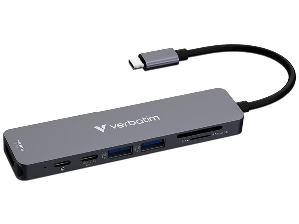 Hub Verbatim USB-C Essentials, 2x USB-A, 2x USB-C, ranuras para tarjetas SD y microSD, 1x HDMI 4K, diseño compacto y versátil.