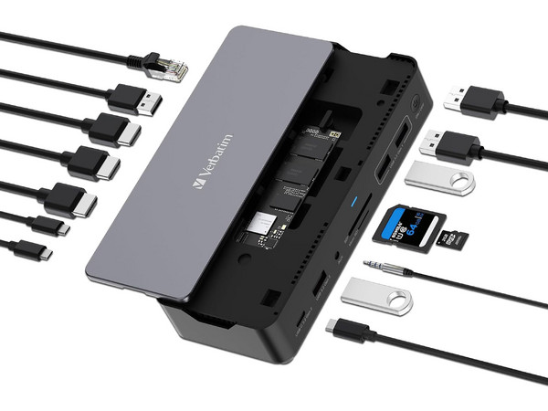 Docking Station Verbatim 32173 15 en 1, 2 Puertos HDMI, 4 Puertos USB Tipo A, 1 Puerto USB Tipo C, DisplayPort, RJ-45, Puerto SD, Puerto MicroSD,, 1 Ranura para SSD y 1 Puerto 3.5mm, Color Negro.