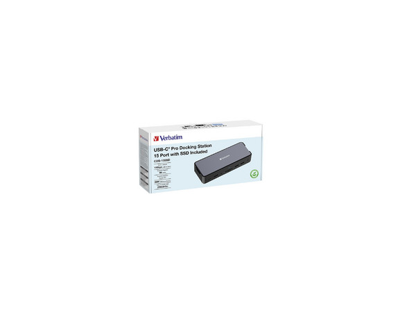 Docking Station Verbatim Pro 32174 15 en 1, USB Tipo C y A, RJ-45, HDMI, SSD Vi3000 de 256 GB Incluido. Color Gris.
