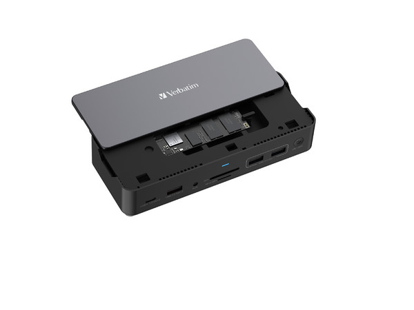 Docking Station Verbatim Pro 32174 15 en 1, USB Tipo C y A, RJ-45, HDMI, SSD Vi3000 de 256 GB Incluido. Color Gris.
