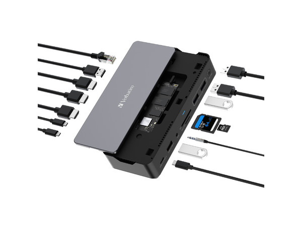 Docking Station Verbatim Pro 32174 15 en 1, USB Tipo C y A, RJ-45, HDMI, SSD Vi3000 de 256 GB Incluido. Color Gris.