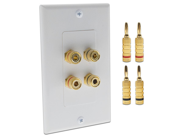Placa de Pared Epcom EPWP2SKIT para Postes de Unión Tipo Banana, 4 Conexiones, 2 Conexiones para Altavoces. Incluye 2 Pares Conectores Banana (Rojo+Negro).