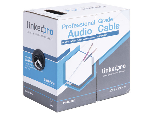 Bobina de Cable LinkedPro PRO-AUDIO de 2 Conductores, Calibre 18, 152 m, para aplicaciones de audio. Color Blanco