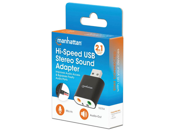 Adaptador de Sonido Manhattan 152754, USB-A a 3.5 mm (M-H), Admite Sonido Estéreo 2.1, Color Negro.