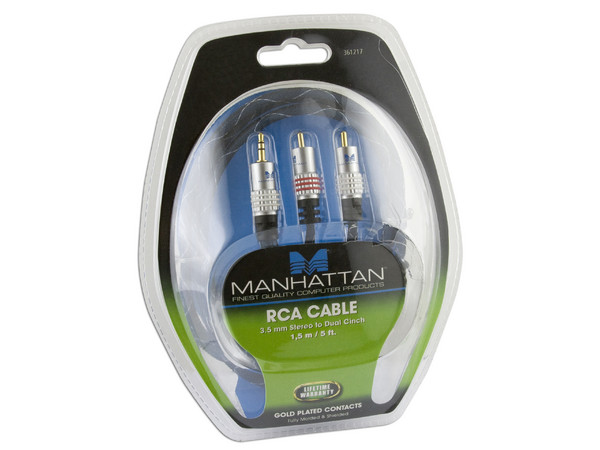 Cable estéreo 3.5 mm a conexión dual RCA, azul, 1.5m