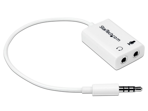 Adaptador de diadema Mini-Jack 3.5mm 4 pines a conectores separados de audífonos y de micrófono.