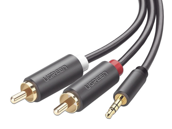 Cable adaptador de audio Ugreen de Conector 3.5mm a 2 conectores RCA, 3m. Color Gris.