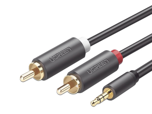 Cable adaptador de audio Ugreen de Conector 3.5mm a 2 conectores RCA, 3m. Color Gris.