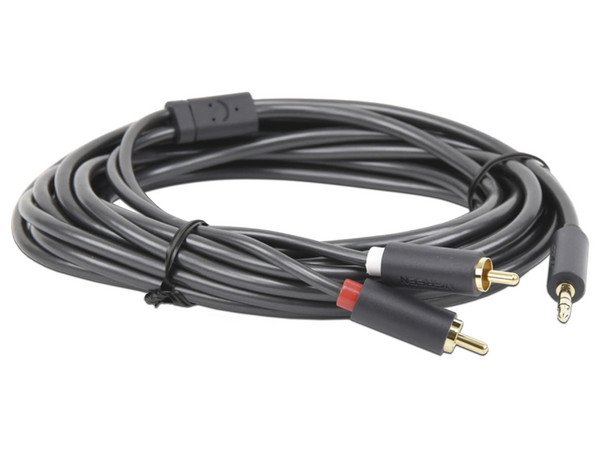 Cable adaptador de audio Ugreen de Conector 3.5mm a 2 conectores RCA, 5m. Color Gris.