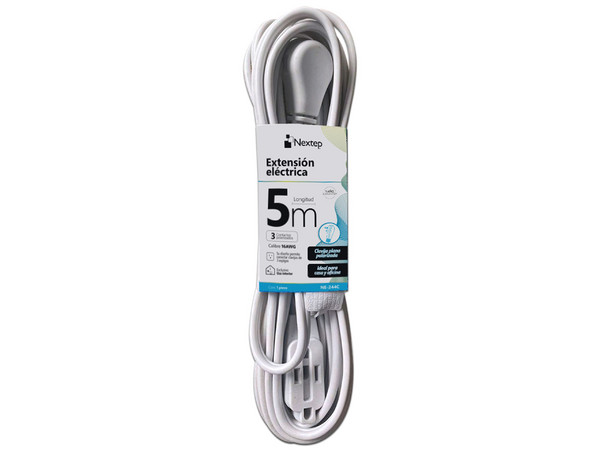 Extensión eléctrica NEXTEP NEX-NE-244C de 5m, 16 AWG, clavija plana, color blanca.