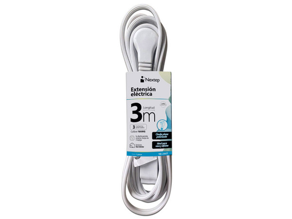 Extensión eléctrica Nextep NEX-NE-244T, 16 AWG, 3m, clavija plana, color blanca.
