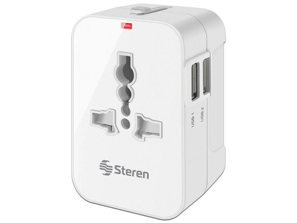 Adaptador Universal de Contactos Steren 905-127 para Viaje con Doble Cargador USB.