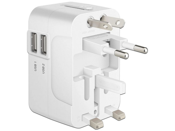 Adaptador Universal de Contactos Steren 905-127 para Viaje con Doble Cargador USB.